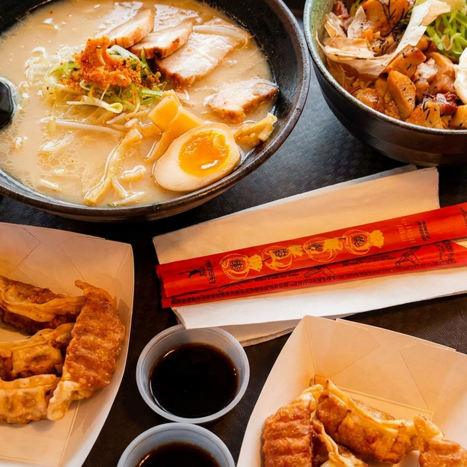 Ramen, chicken rice bowl, and fried dumplings with sauces on a black tray.