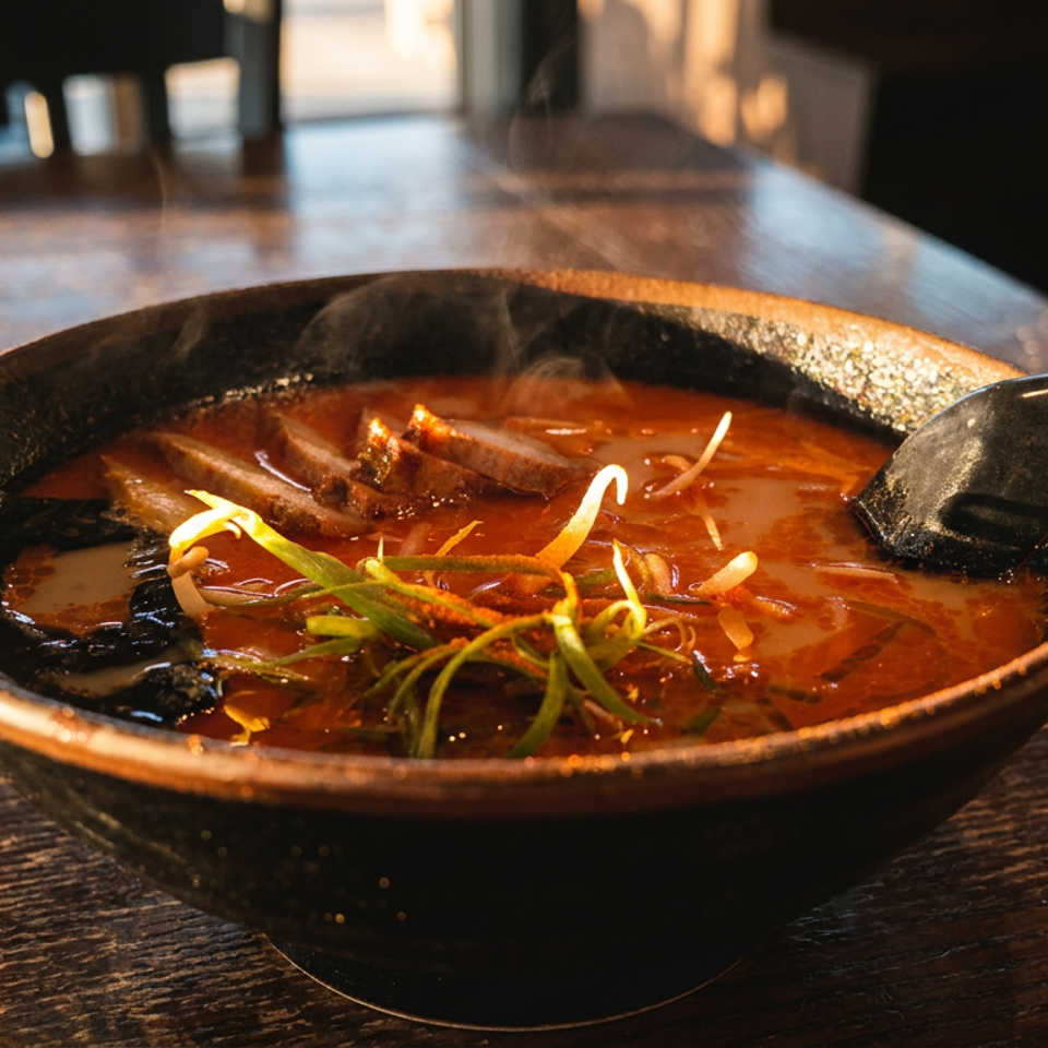Steaming bowl of ramen with sliced meat, bean sprouts, and green onions on a wooden table.