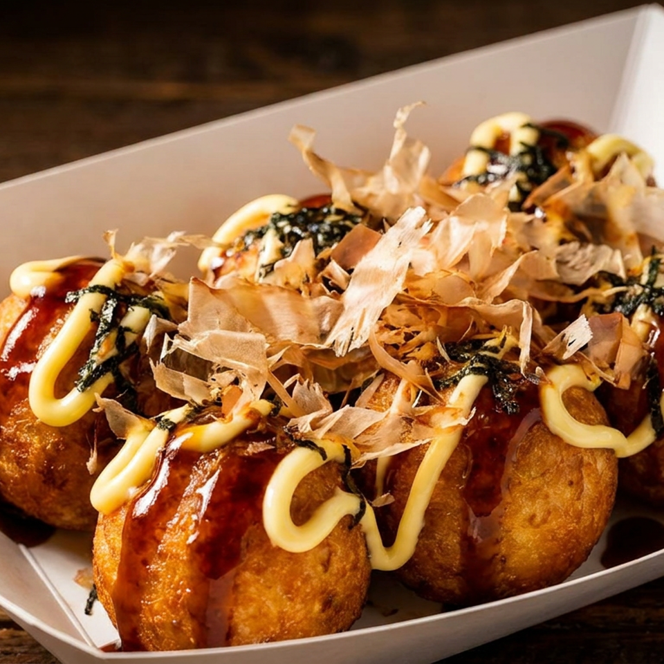 Golden-brown takoyaki topped with dark sauce, mayonnaise, seaweed, and bonito flakes in a white tray.