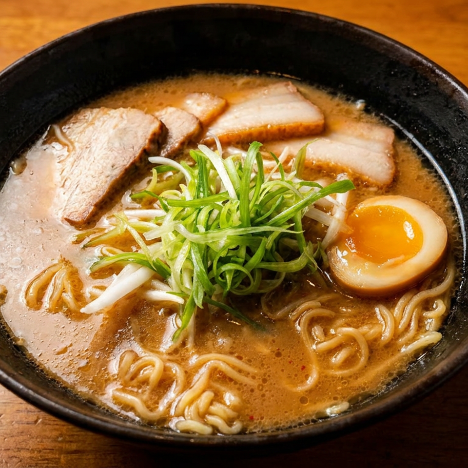 A black bowl of ramen with chashu pork, soft-boiled egg, green onions, and noodles on a wooden table.