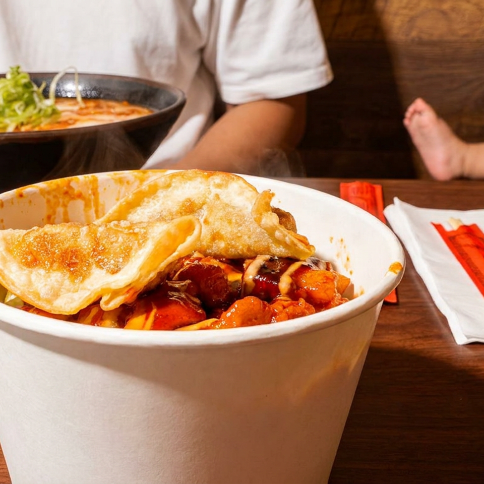A large white cup of noodles with fried wontons, and a person eating ramen at a wooden table.
