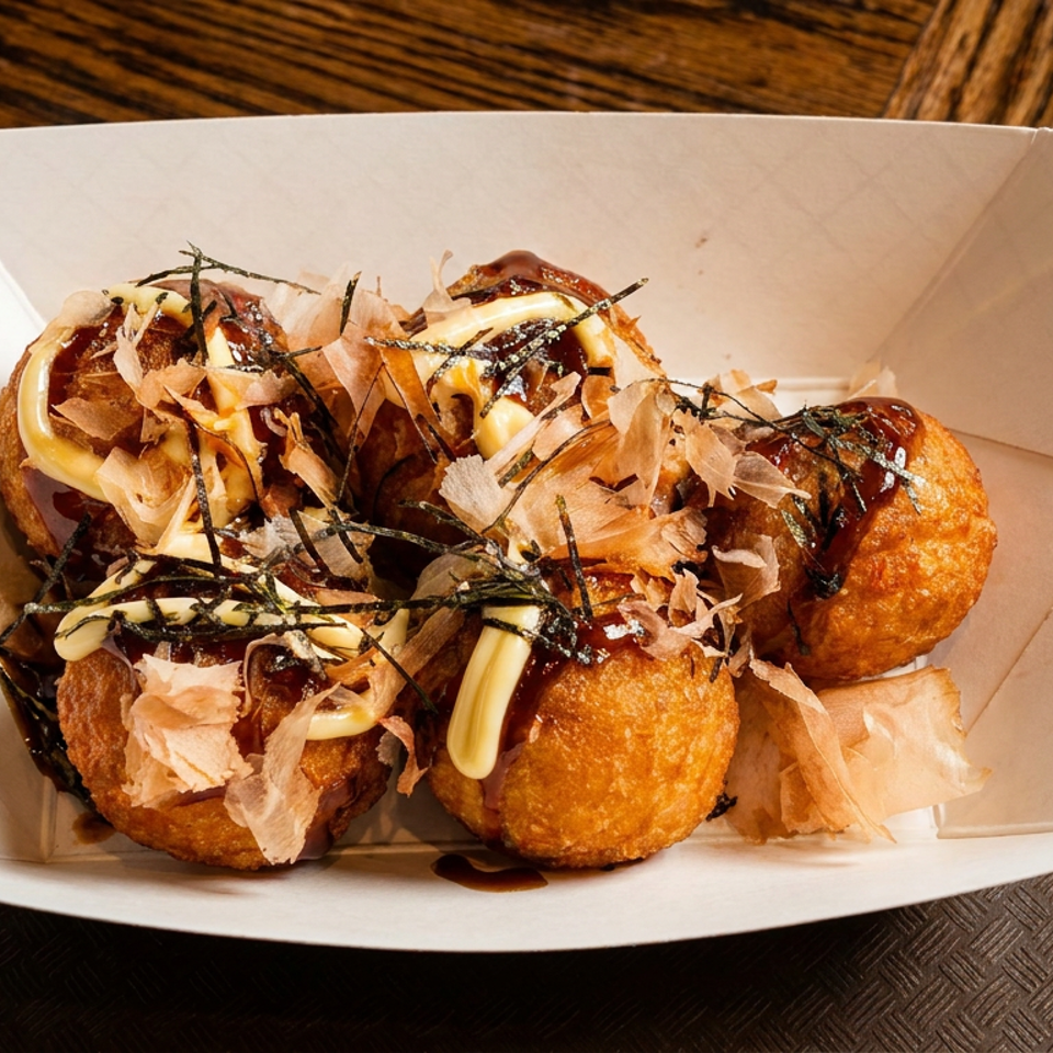 A serving of golden-brown takoyaki topped with sauce, mayonnaise, bonito flakes, and dried seaweed.