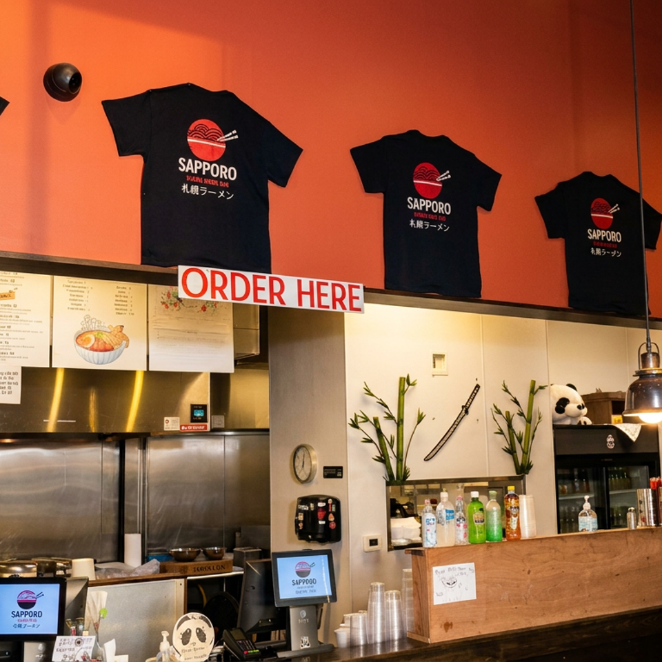 Interior of a ramen restaurant with Sapporo t-shirts on an orange wall above the kitchen and order counter.