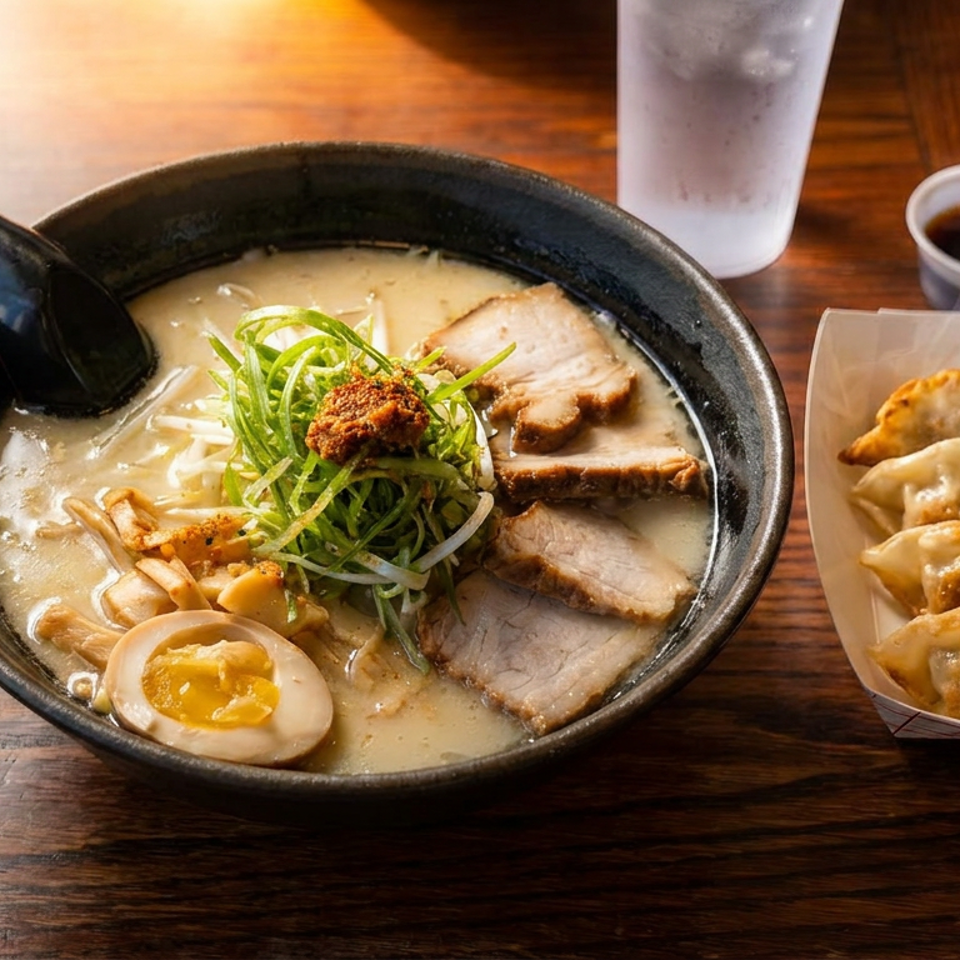 Steaming ramen with pork, egg, and scallions, served with gyoza and a drink on a wooden table.